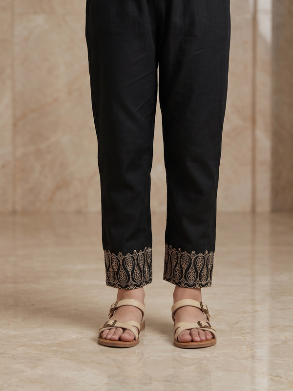 Girls' Black Embroidered Satin Trouser - OGESP-1912321-1