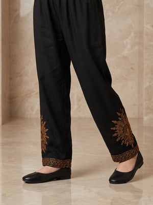 Girls' Black Embroidered Satin Trouser - OGESP-1912321-A