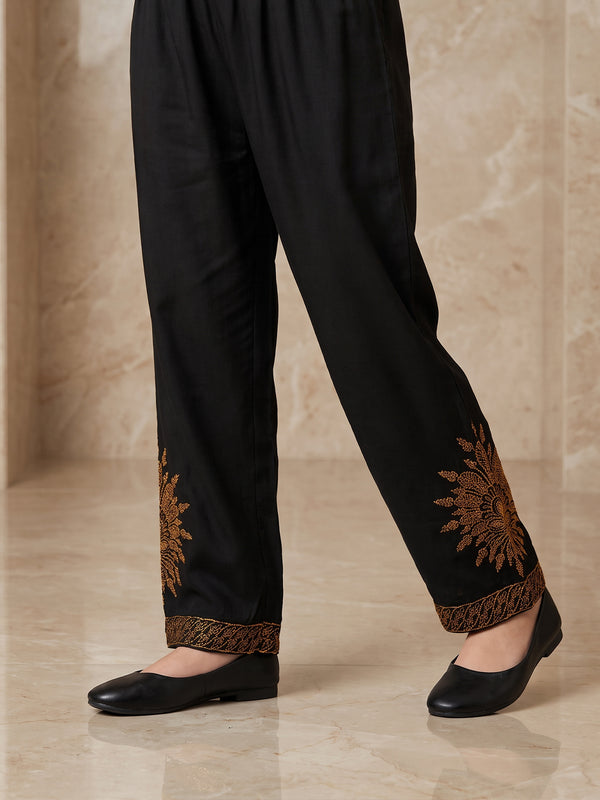 Girls' Black Embroidered Satin Trouser - OGESP-1912321-A