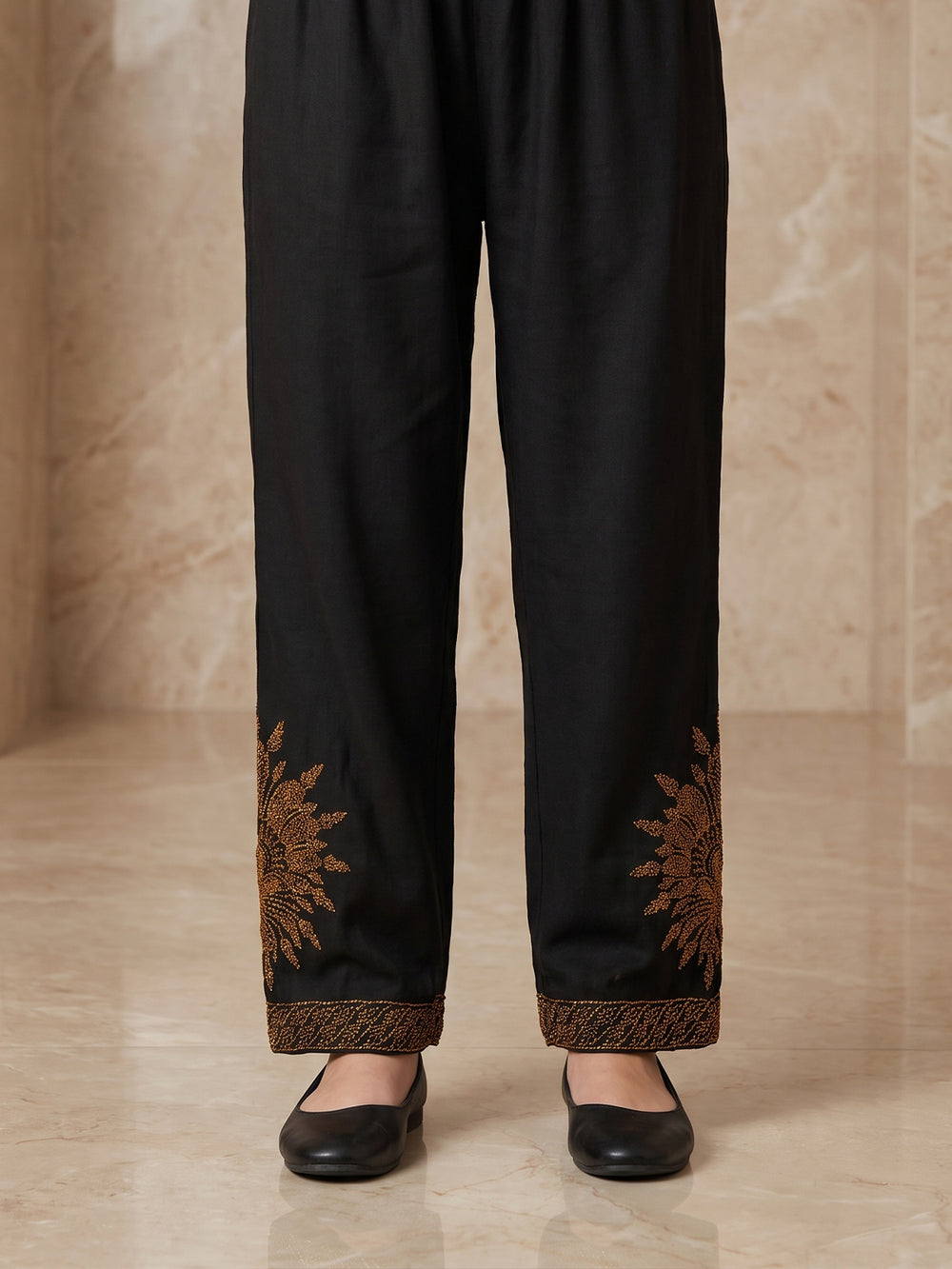 Girls' Black Embroidered Satin Trouser - OGESP-1912321-A