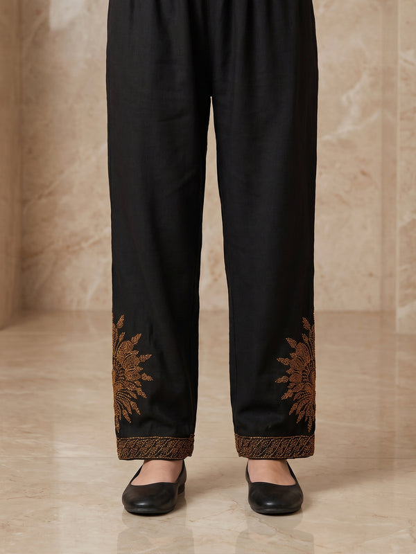 Girls' Black Embroidered Satin Trouser - OGESP-1912321-A
