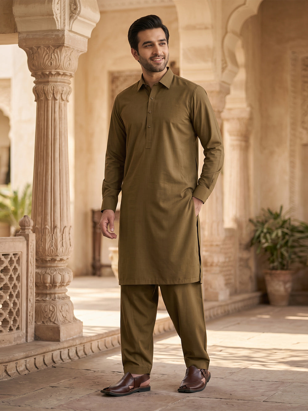 Mens Unstitched Suit Milord Blended Mehndi_WW-214