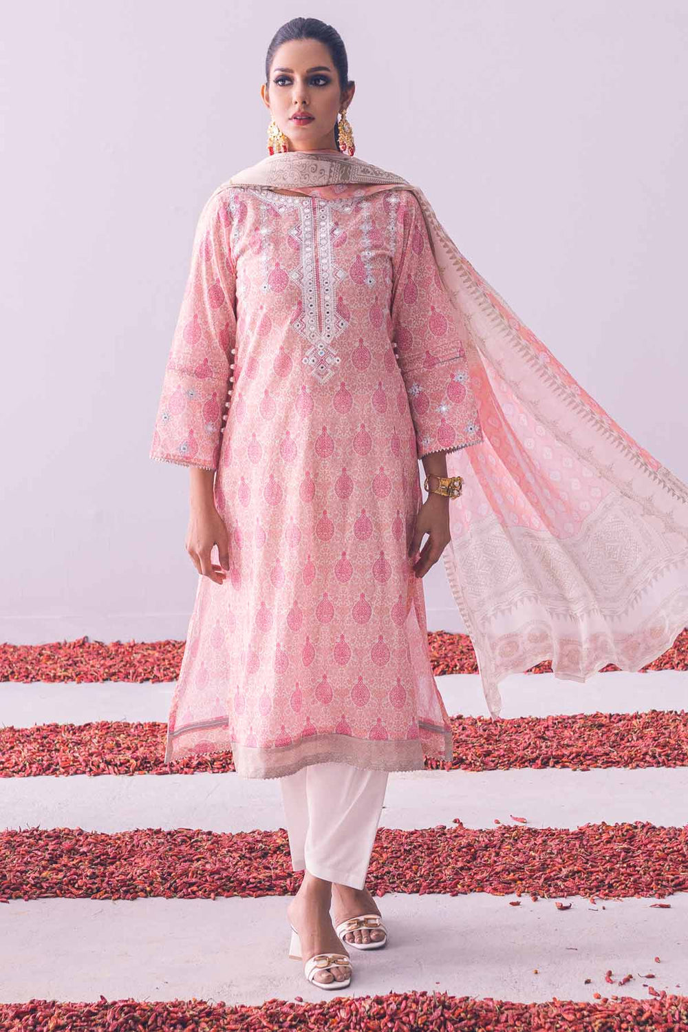 3Pc Embroidered Unstitched Lawn Peach - OLEC3P-6033-A