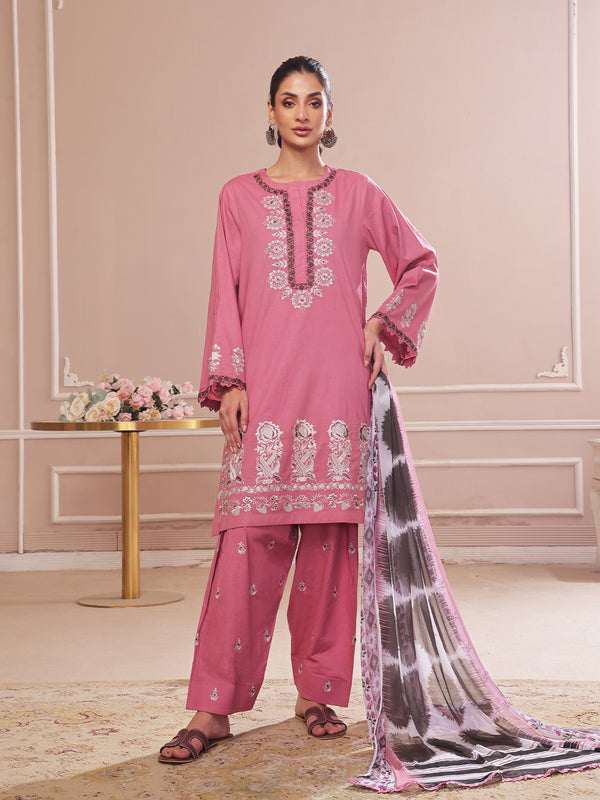 3PCs Embroidered Pret & Unstitched Suit Dyed Slub Cambric Tea Pink