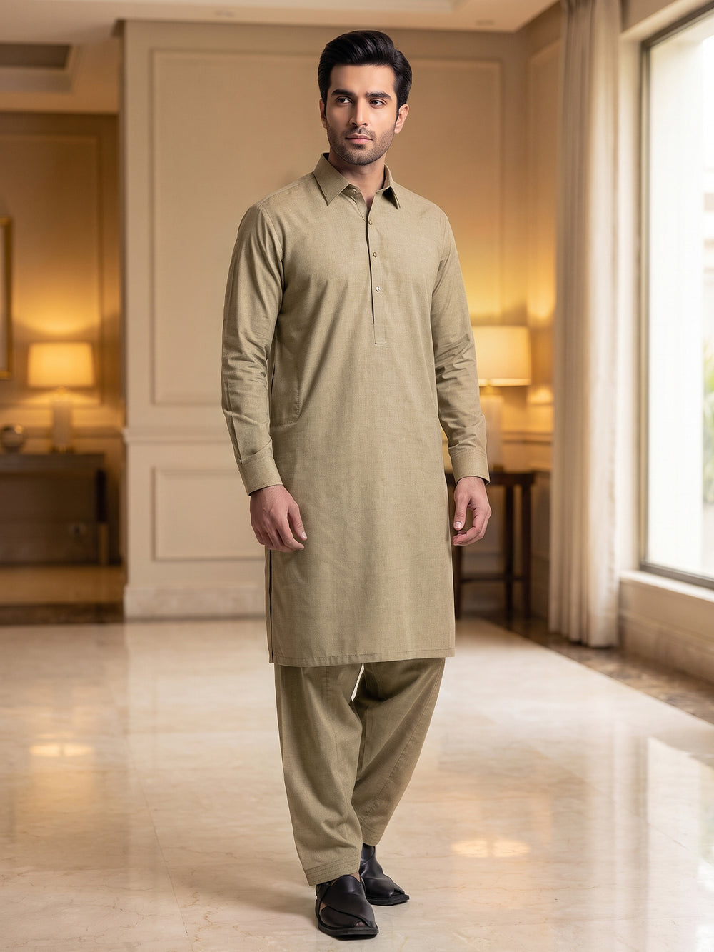 Mens Unstitched Suit Sal Tish Blended Dark Beige_WW-217