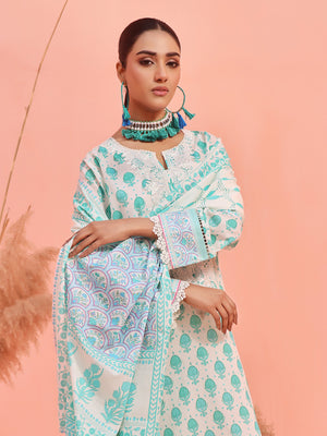 2Pc Embroidered Pret Shirt Dupatta Lawn White & Green - OWE2P-2401026