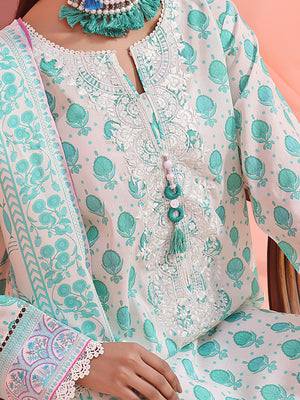 2Pc Embroidered Pret Shirt Dupatta Lawn White & Green - OWE2P-2401026