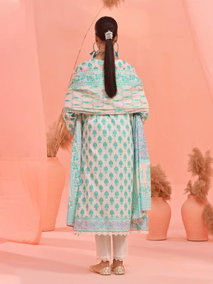 2Pc Embroidered Pret Shirt Dupatta Lawn White & Green - OWE2P-2401026