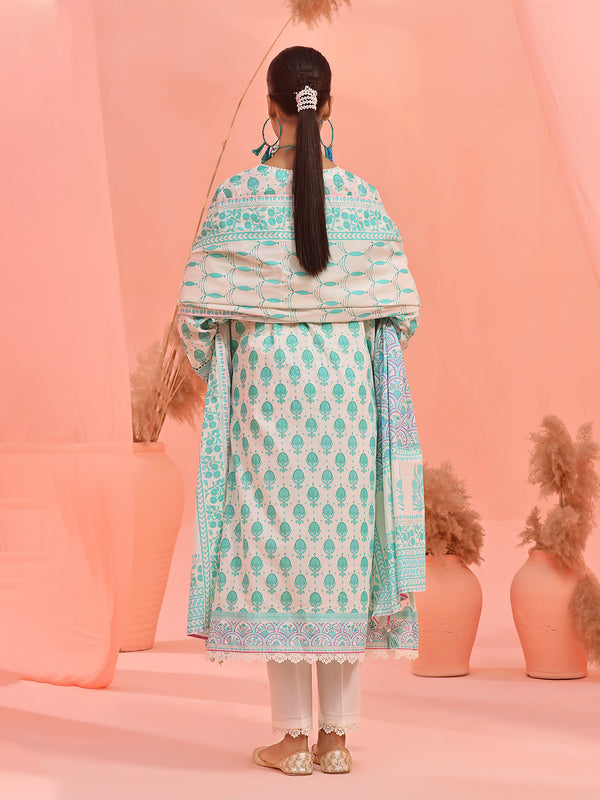 2Pc Embroidered Pret Shirt Dupatta Lawn White & Green - OWE2P-2401026