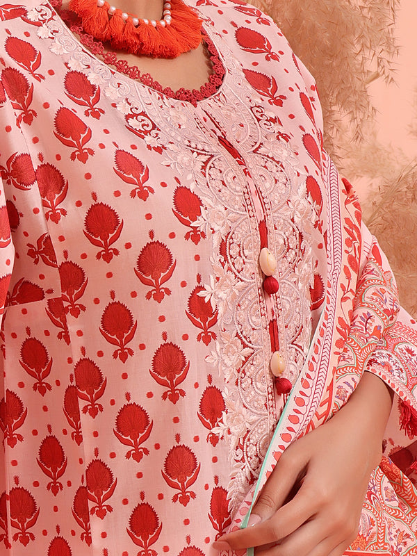 2Pc Embroidered Pret Shirt Dupatta Lawn Light Pink & Red - OWE2P-2401027