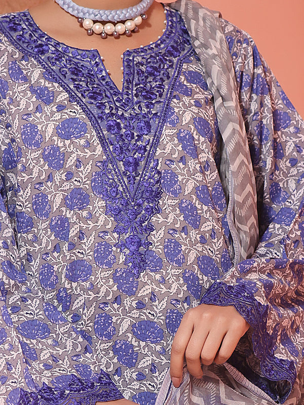 2Pc Embroidered Pret Shirt Dupatta Lawn Grey & Blue - OWE2P-2401046
