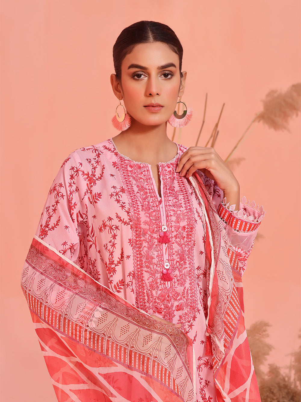 2Pc Embroidered Pret Shirt Dupatta Lawn Pink & Maroon - OWE2P-2401047