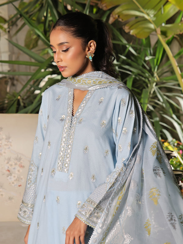 2Pc Embroidered Pret Shirt Dupatta Dobby Sky Blue - OWE2P-2401048