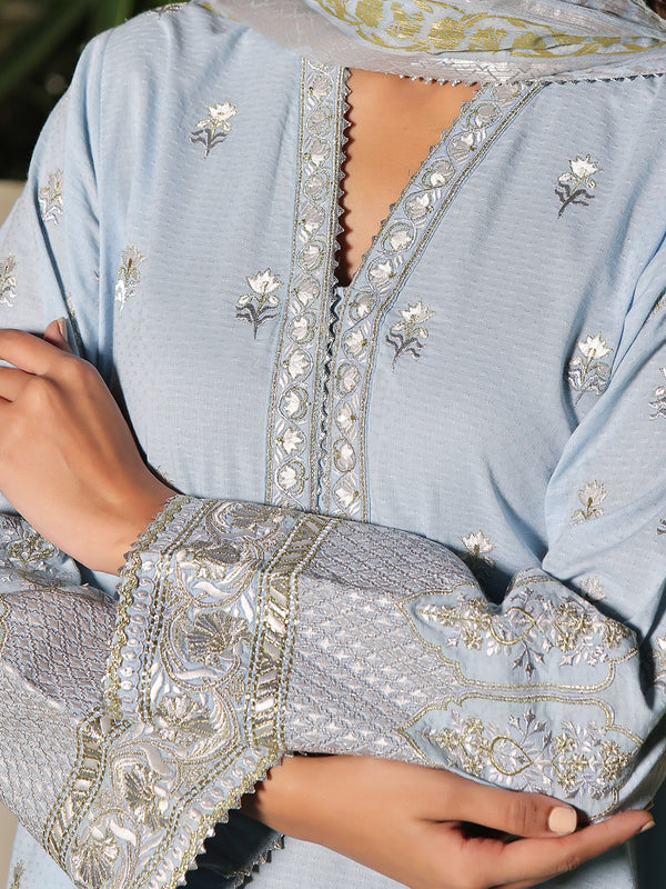2Pc Embroidered Pret Shirt Dupatta Dobby Sky Blue - OWE2P-2401048