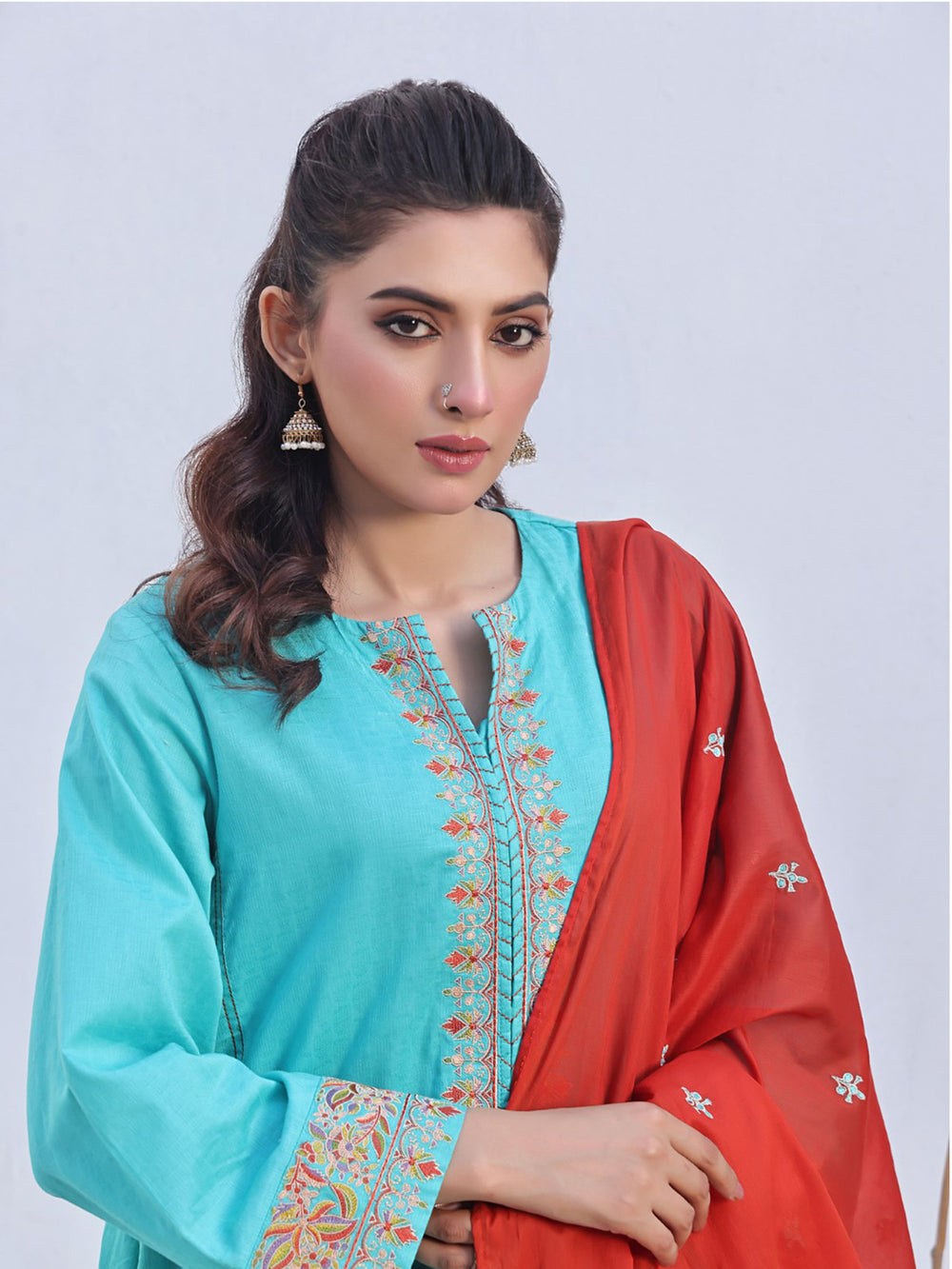 2Pc Embroidered Pret Shirt Dupatta Jacquard Aqua Green - OWE2PG-2310033