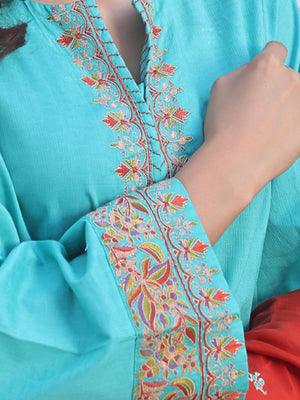 2Pc Embroidered Pret Shirt Dupatta Jacquard Aqua Green - OWE2PG-2310033