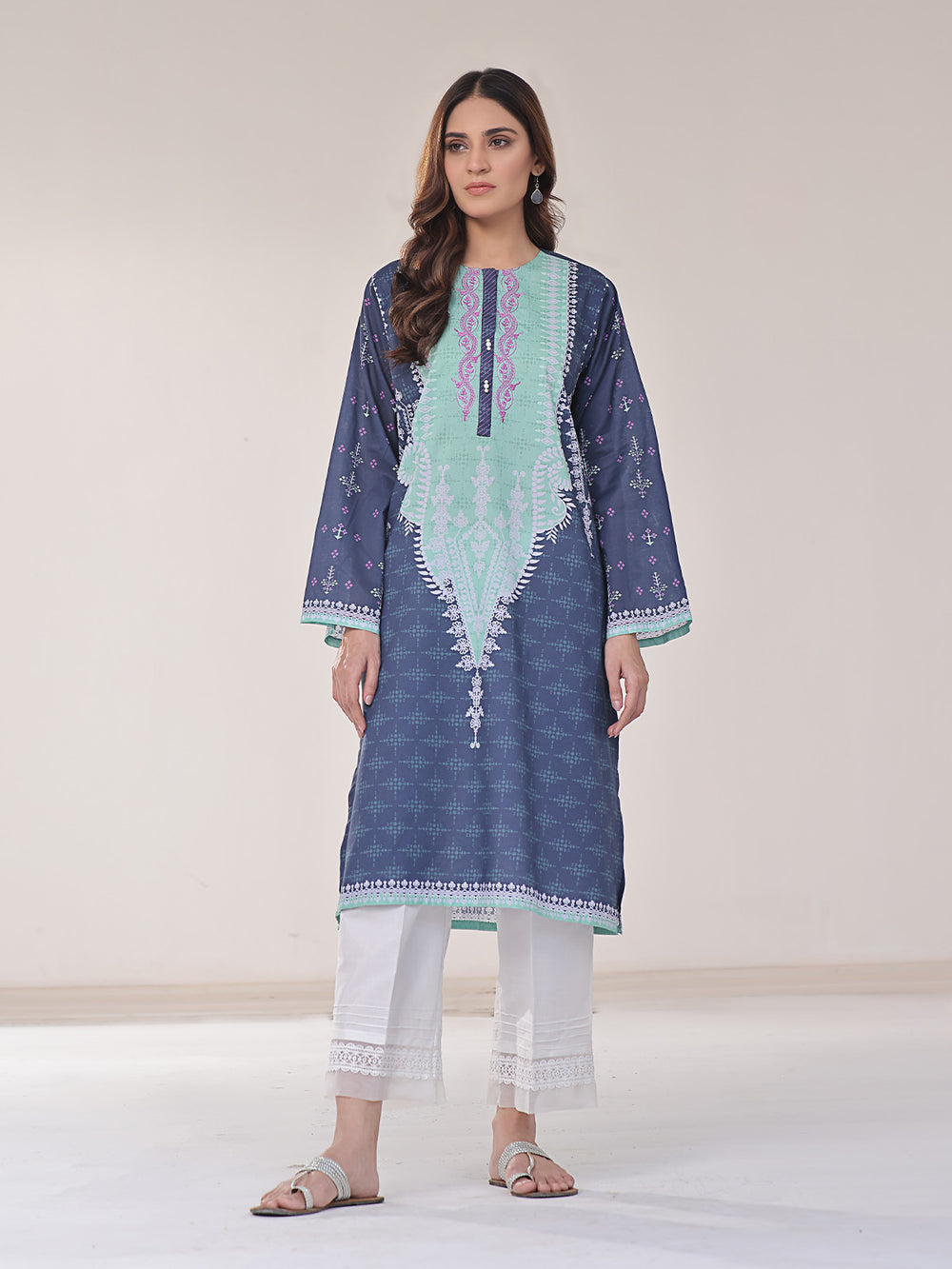 1Pc Embroidered Pret Kurti Lawn Navy Blue & Green - OWEKT-2401015