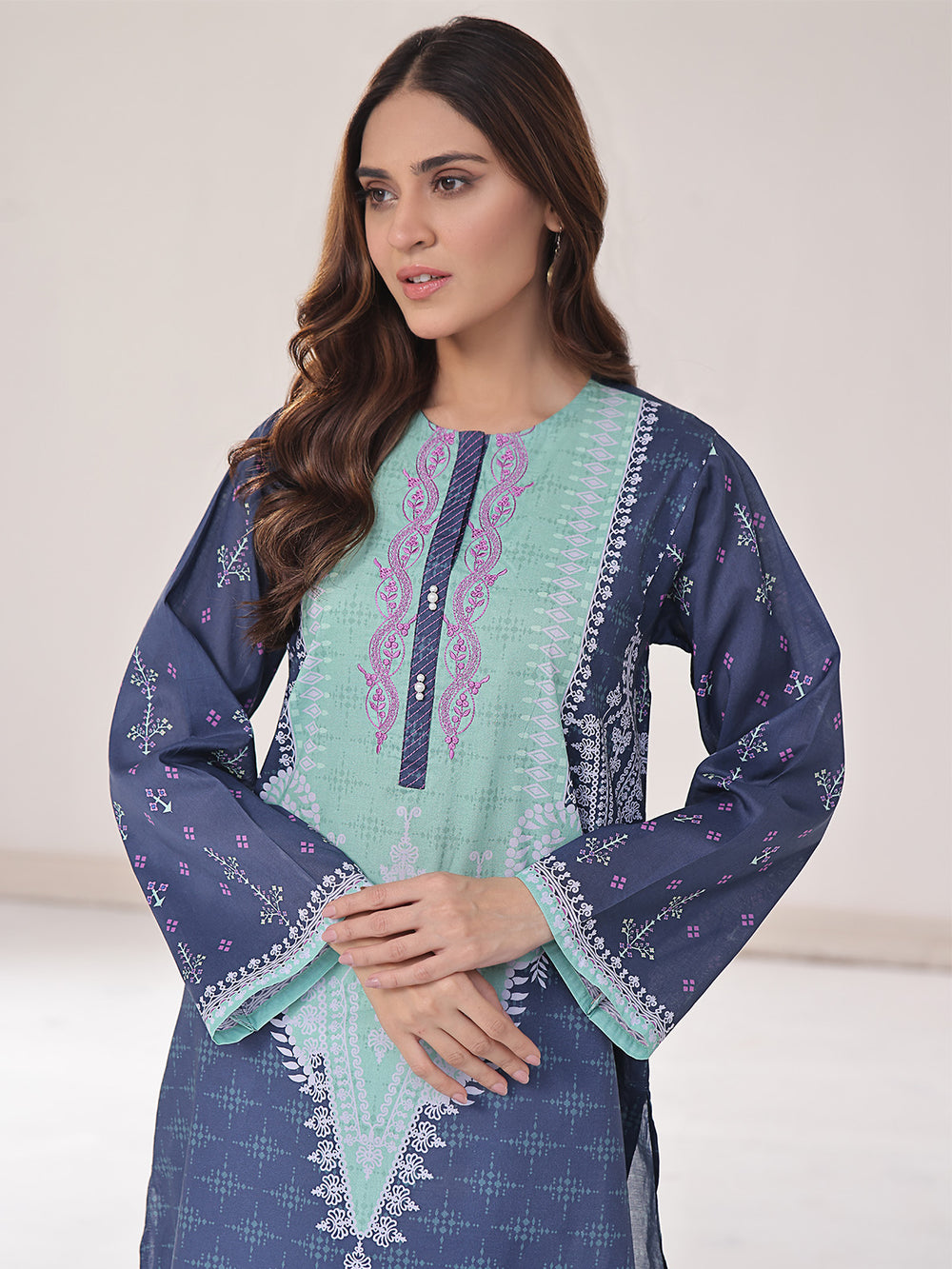 1Pc Embroidered Pret Kurti Lawn Navy Blue & Green - OWEKT-2401015