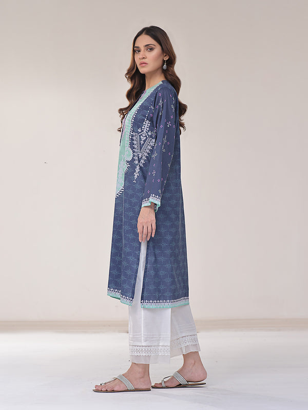 1Pc Embroidered Pret Kurti Lawn Navy Blue & Green - OWEKT-2401015