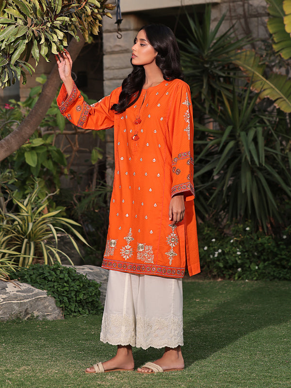 1Pc Embroidered Pret Kurti Dobby Orange - OWEKT-2401053