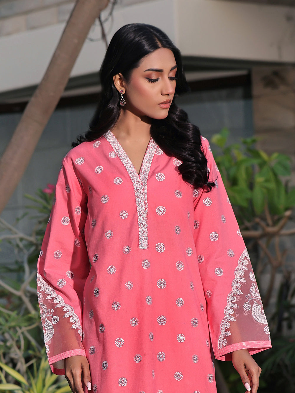 1Pc Embroidered Pret Kurti Dobby Peach - OWEKT-2401055
