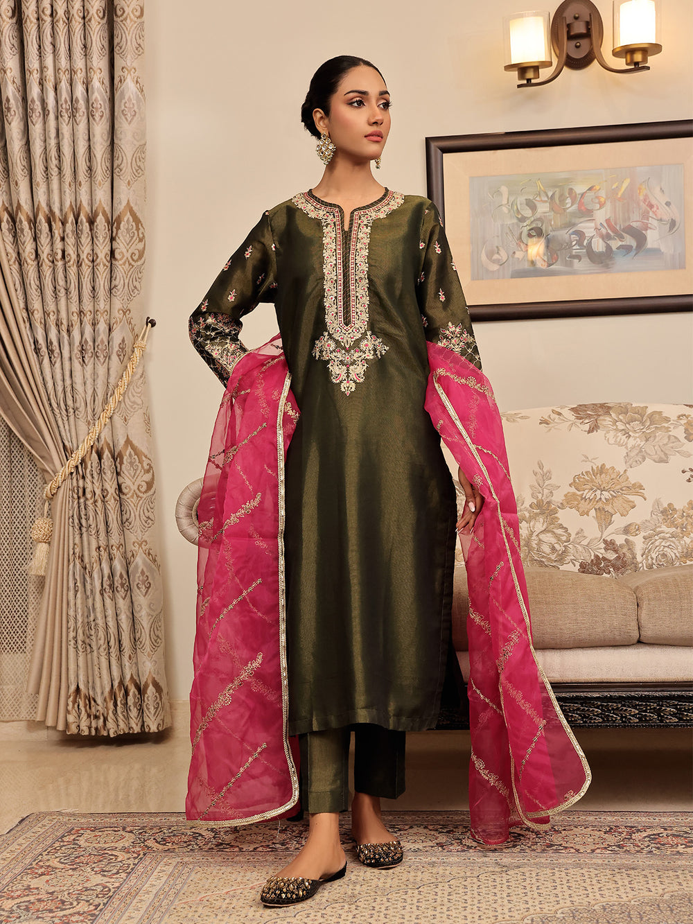 2Pc Embroidered Pret Shirt Dupatta Masoori Dark Green - OWE2P-2311002