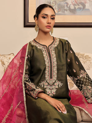 2Pc Embroidered Pret Shirt Dupatta Masoori Dark Green - OWE2P-2311002