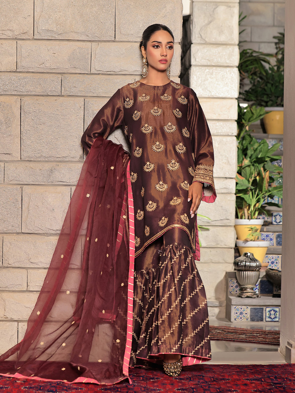 3Pc Embroidered Suit Pret Masoori Maroon - OWE3P-2311005