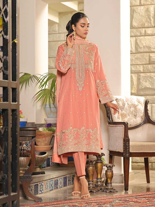 3Pc Embroidered Suit Pret Masoori Peach - OWE3P-2311007