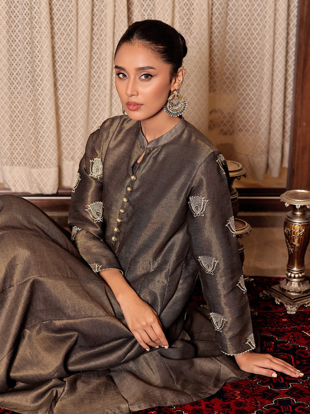 1Pc Embroidered Pret Kurti Masoori Dark Grey - OWEKT-2311001