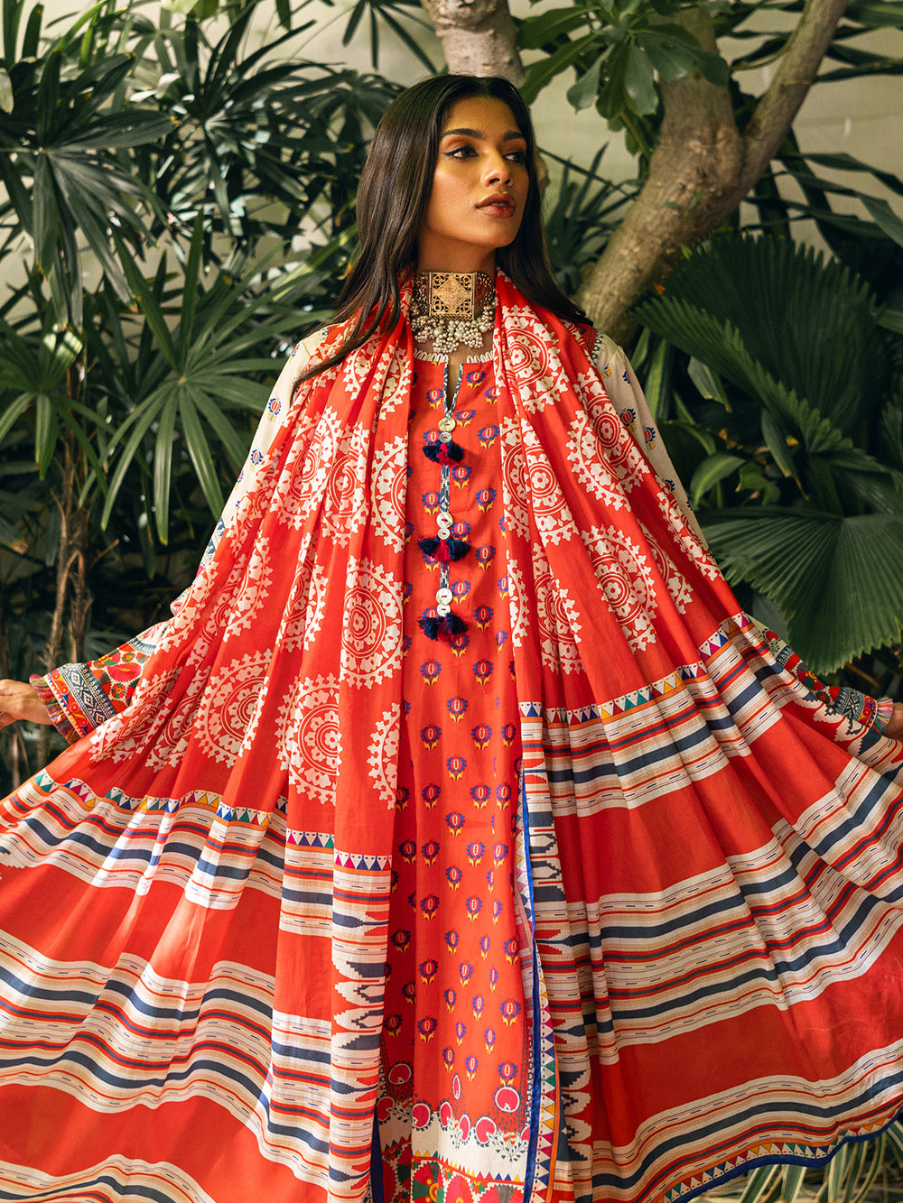 2Pc Printed Pret Shirt Dupatta Cambric Orange - OW2P-2309005