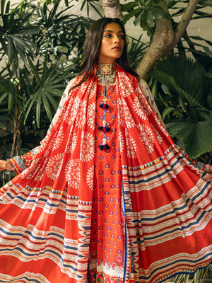 2Pc Printed Pret Shirt Dupatta Cambric Orange - OW2P-2309005