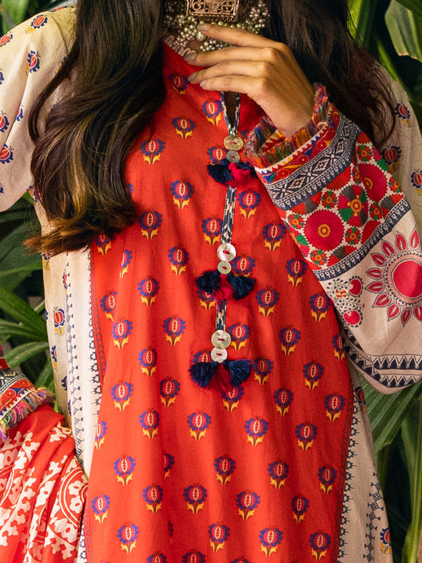 2Pc Printed Pret Shirt Dupatta Cambric Orange - OW2P-2309005