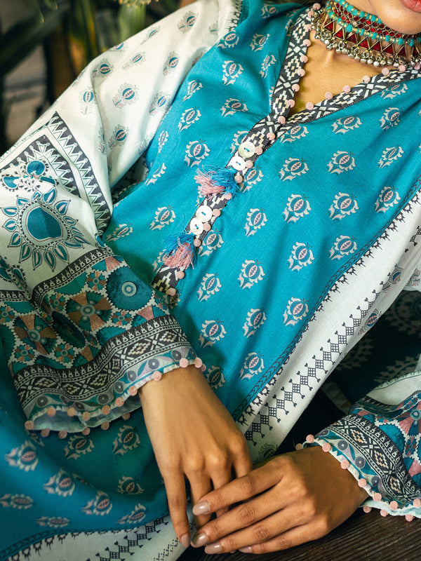 2Pc Printed Pret Shirt Dupatta Cambric Ferozi - OW2P-2309006