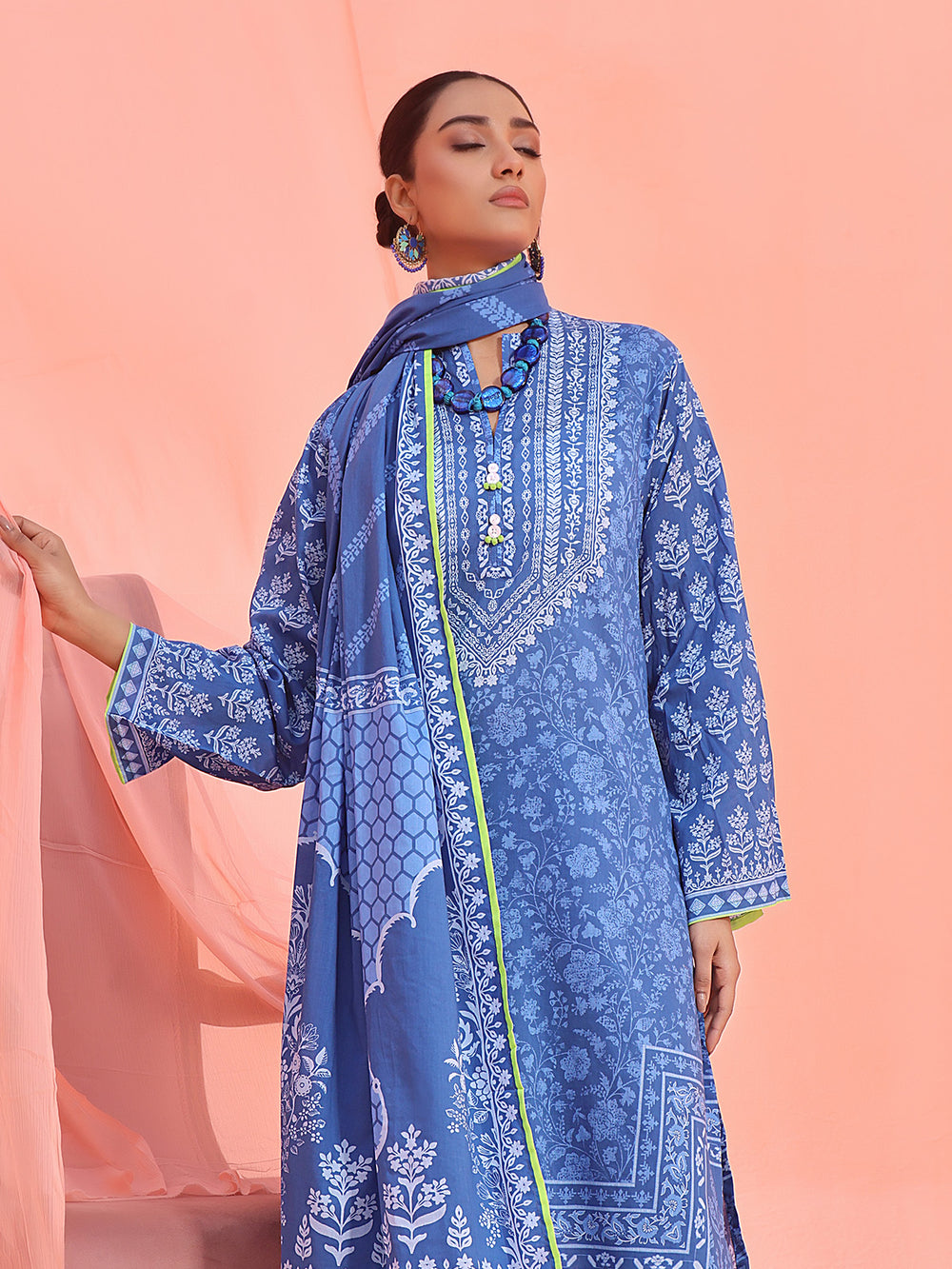 2Pc Printed Pret Shirt Dupatta Lawn Blue - OW2P-2401017