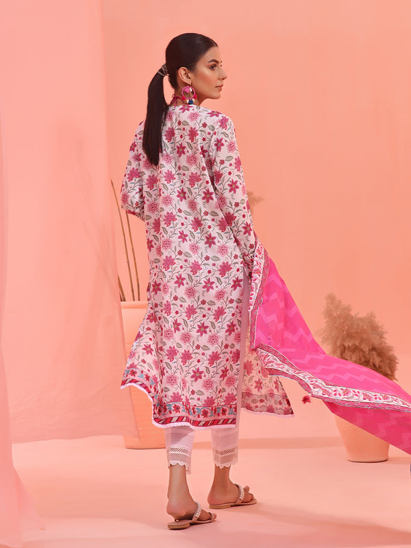 2Pc Printed Pret Shirt Dupatta Lawn White & Pink - OW2P-2401021