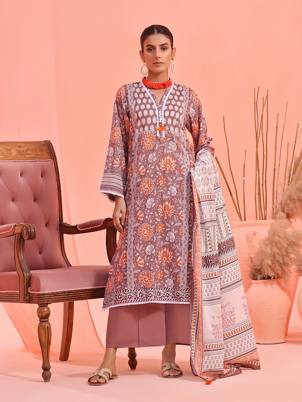 2Pc Printed Pret Shirt Dupatta Lawn Brown - OW2P-2401022