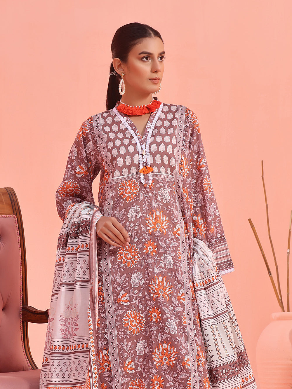 2Pc Printed Pret Shirt Dupatta Lawn Brown - OW2P-2401022