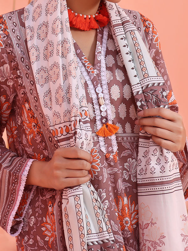 2Pc Printed Pret Shirt Dupatta Lawn Brown - OW2P-2401022