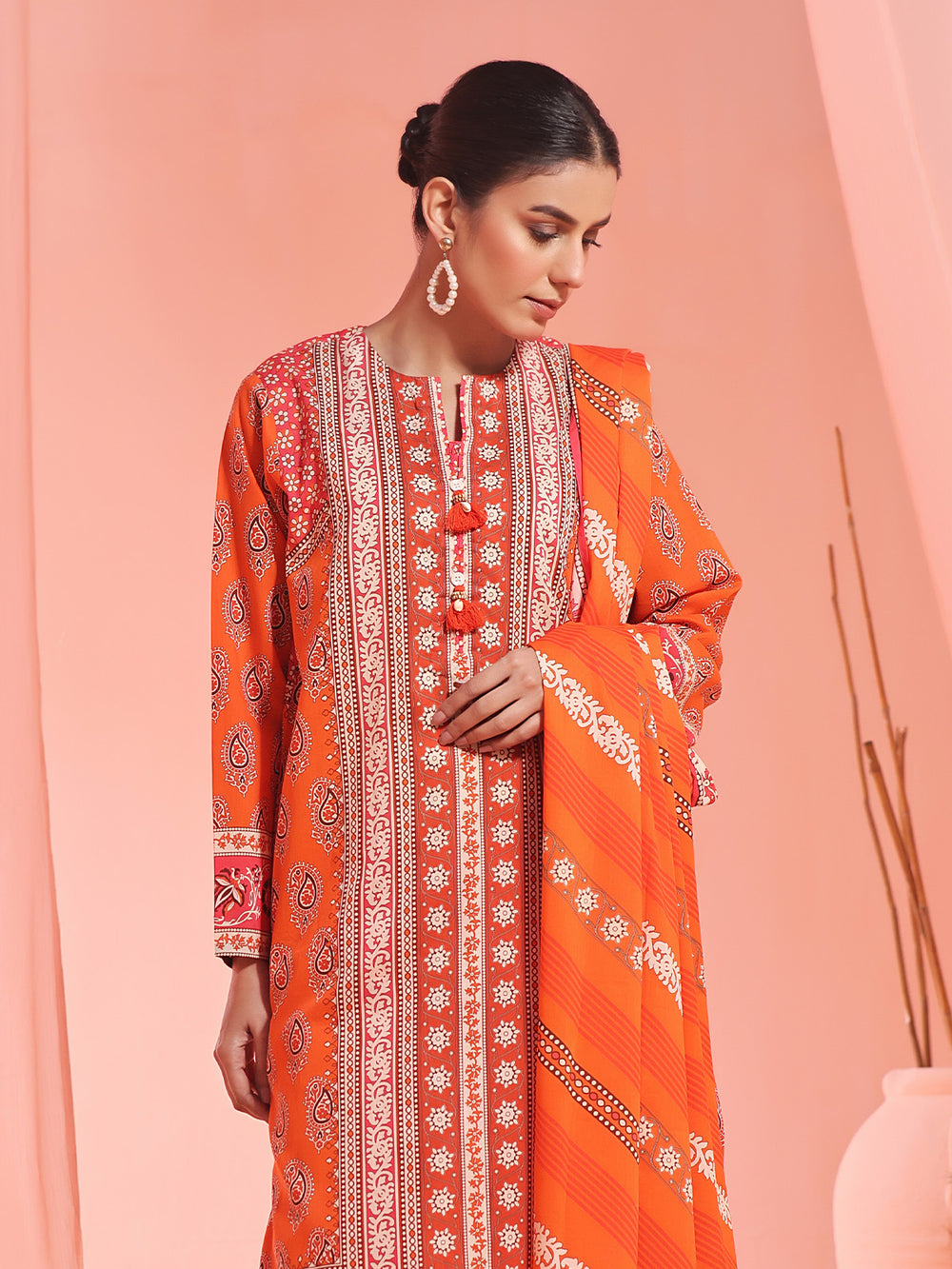 2Pc Printed Pret Shirt Dupatta Lawn Orange - OW2P-2401023