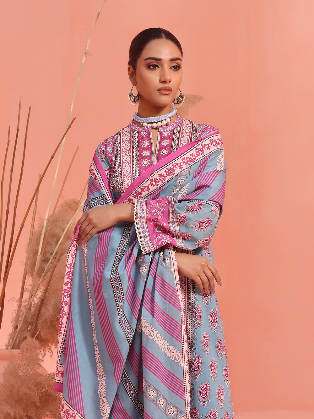 2Pc Printed Pret Shirt Dupatta Lawn Ferozi - OW2P-2401024