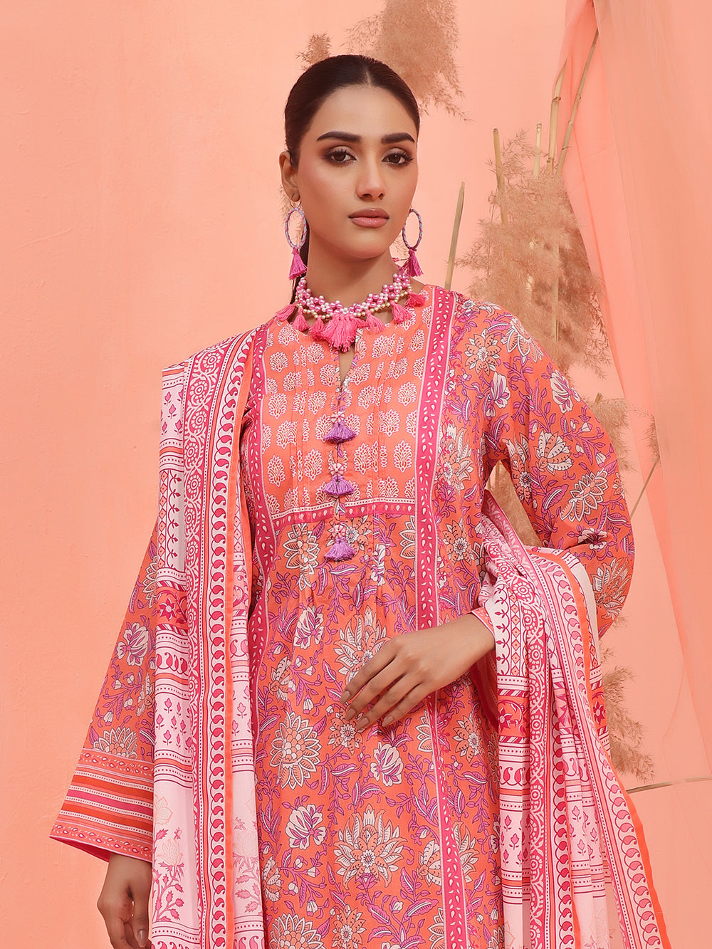 2Pc Printed Pret Shirt Dupatta Lawn Peach - OW2P-2401025