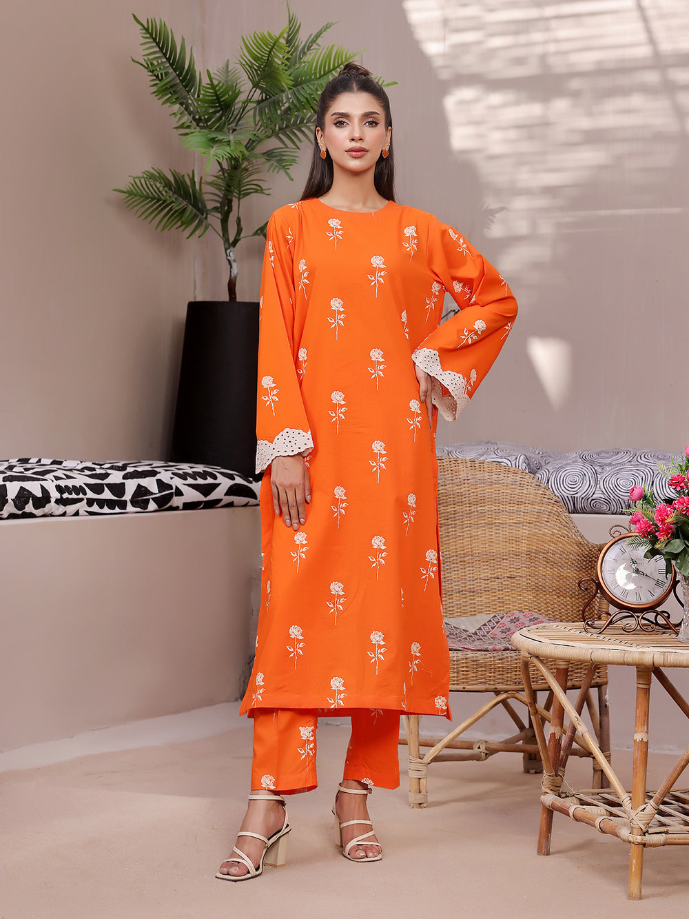 2Pc Printed Pret Shirt Trouser Lawn Orange - OW2P-2404005