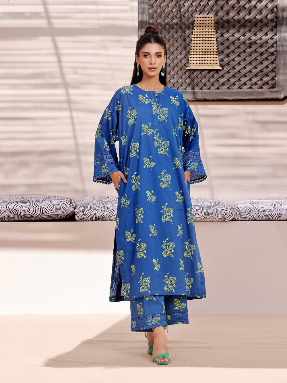 2Pc Printed Pret Shirt Trouser Lawn Blue & Green - OW2P-2404006