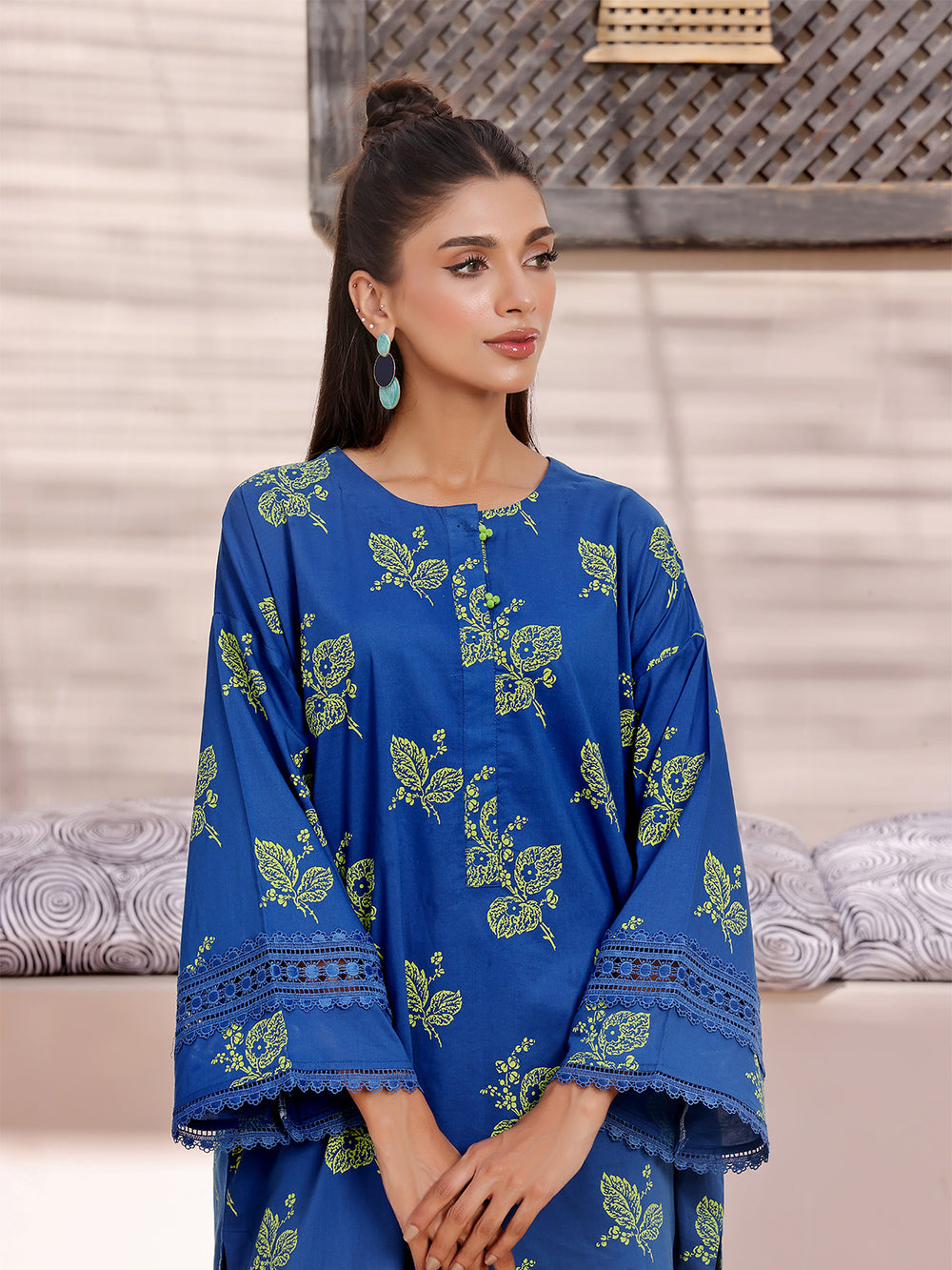 2Pc Printed Pret Shirt Trouser Lawn Blue & Green - OW2P-2404006