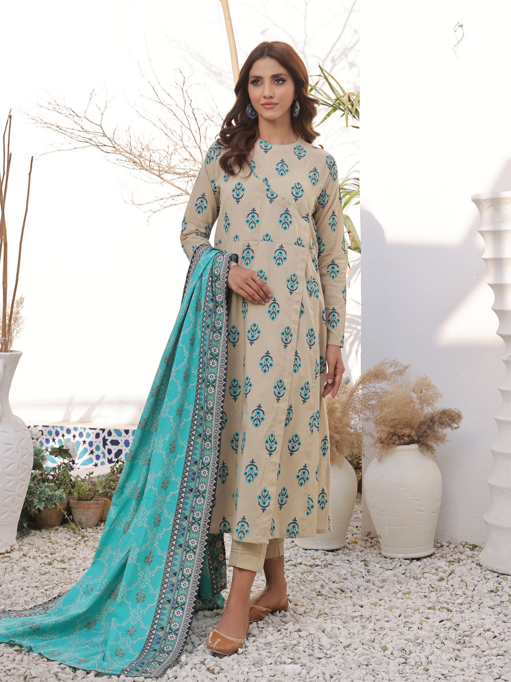 2Pc Printed Pret Shirt Dupatta Lawn Beige & Ferozi - OW2PG-2310030