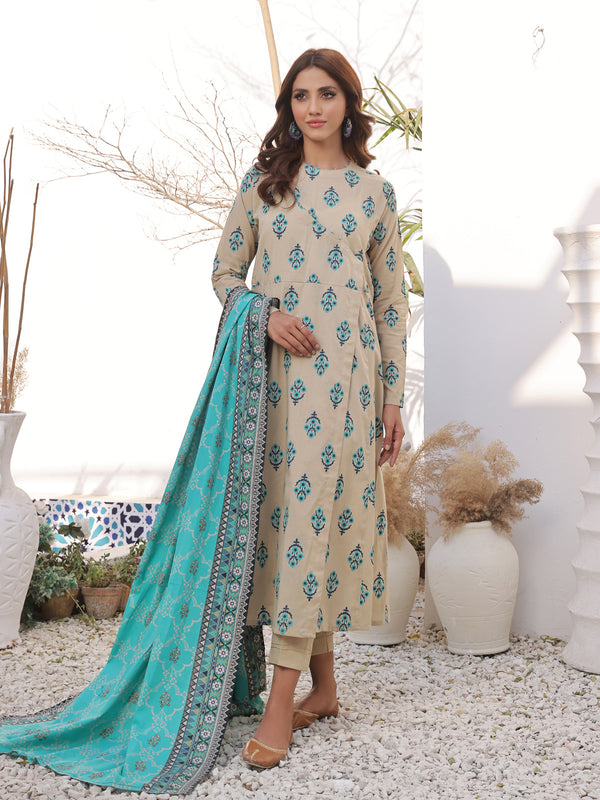 2Pc Printed Pret Shirt Dupatta Lawn Beige & Ferozi - OW2PG-2310030