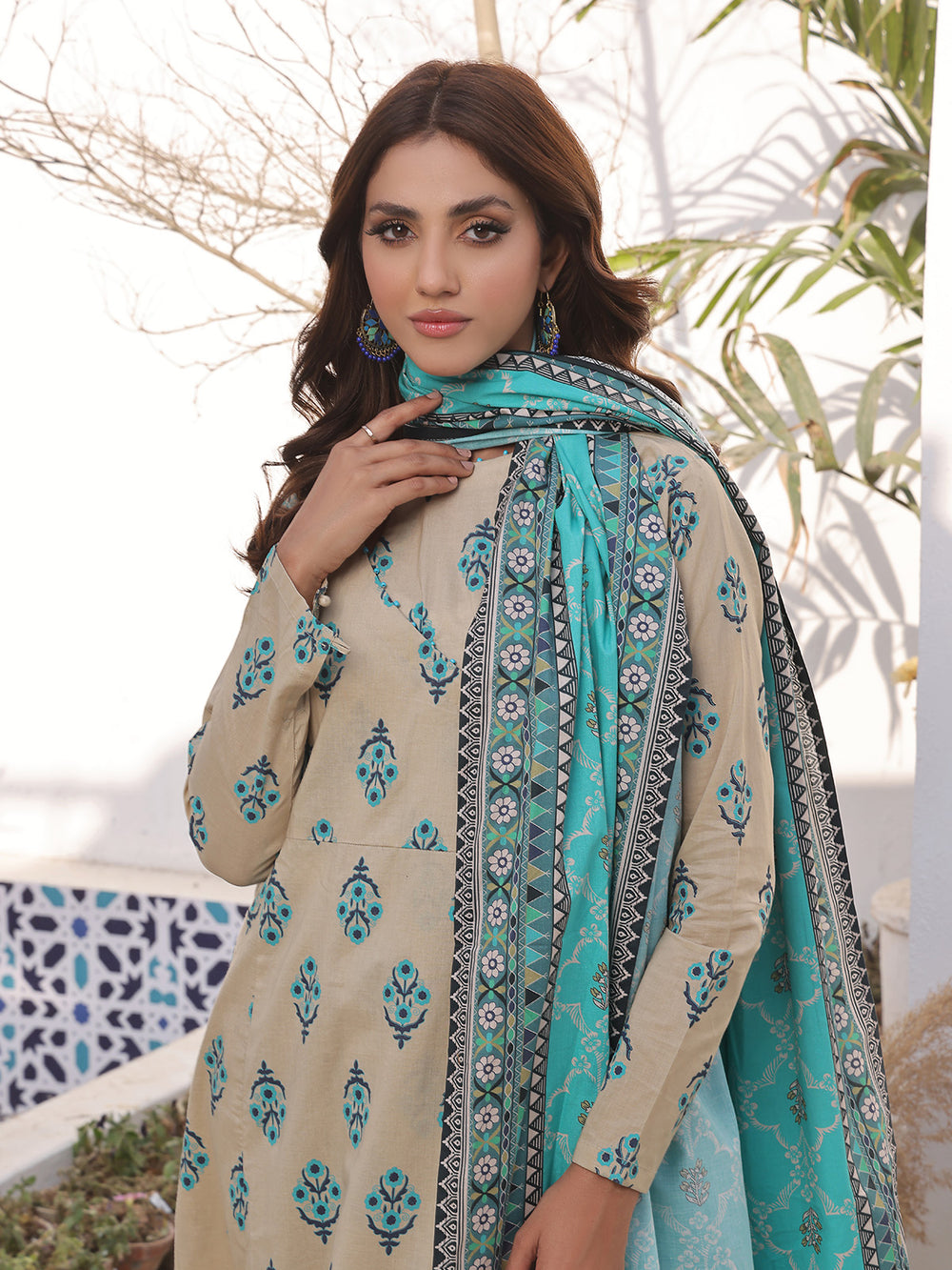 2Pc Printed Pret Shirt Dupatta Lawn Beige & Ferozi - OW2PG-2310030