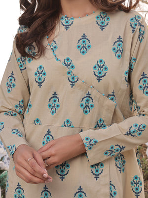 2Pc Printed Pret Shirt Dupatta Lawn Beige & Ferozi - OW2PG-2310030
