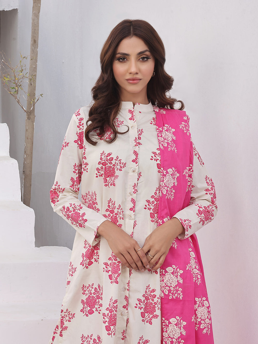 3Pc Printed Suit Pret Cotton Off White & Pink - OW3PG-2310026